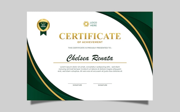 PSD diseño de certificado simple moderno certificado de lujo a4 color verde dorado