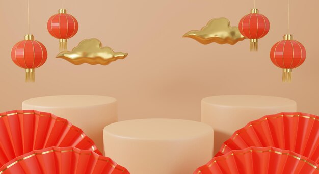 Diseño chino 3d con podio, nube y renderizado de linternas rojas