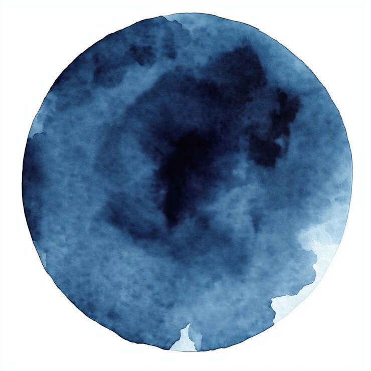 Diseño circular de acuarela azul oscuro aislado en blanco Forma redonda pintada a mano con azul profundo