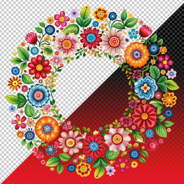 diseño circular ornamentado con flores coloridas en un fondo transparente