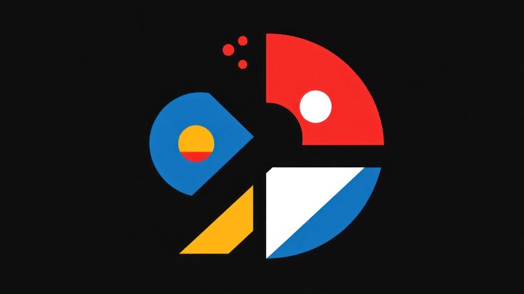 PSD diseño de círculo geométrico abstracto con segmentos rojos, azules, amarillos y blancos sobre fondo negro