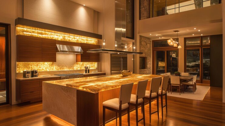 PSD diseño de cocina moderna de lujo con iluminación cálida