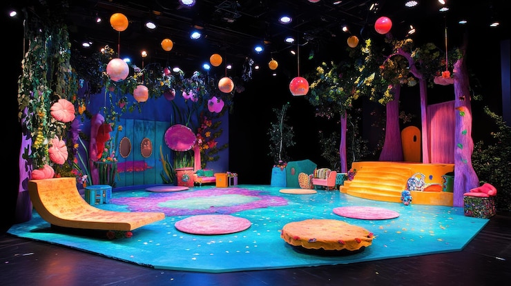PSD diseño colorido del escenario para una actuación lúdica