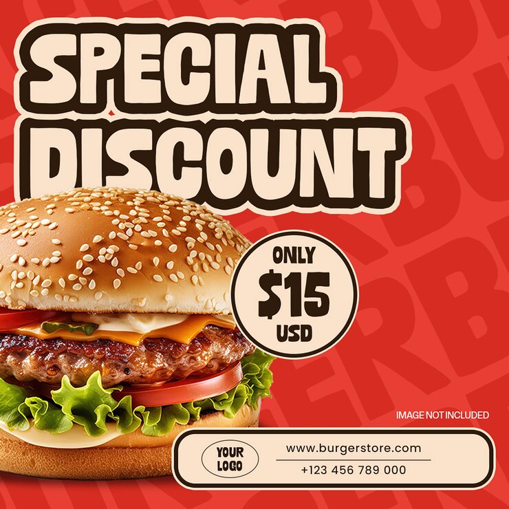 PSD diseño de comida rápida de burger con descuento especial para redes sociales e instagram