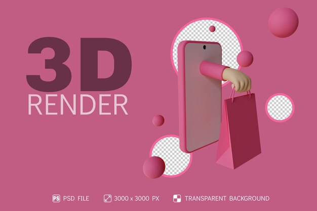 PSD diseño de compras en línea 3d con teléfono, mano y bolsa de compras con fondo aislado