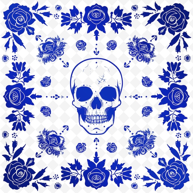 Un diseño de cráneo y rosas en azul y blanco