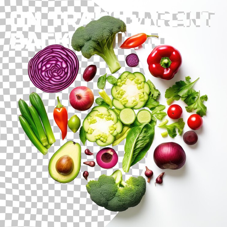 PSD diseño creativo hecho de guisantes verdes repollo patata dulce aguacate tomate cebolla remolacha pimienta berenjena alcachofa brócoli y pepino sobre el fondo transparente concepción de comida plana
