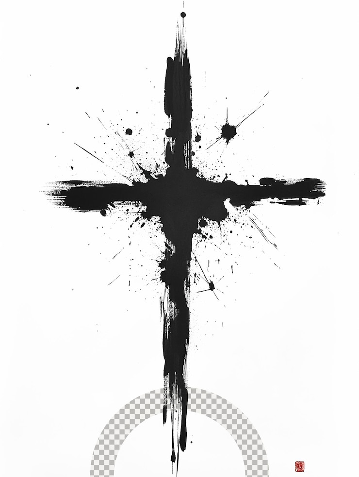 PSD diseño de cruz de tinta negra con salpicaduras en un fondo blanco durante la creación artística