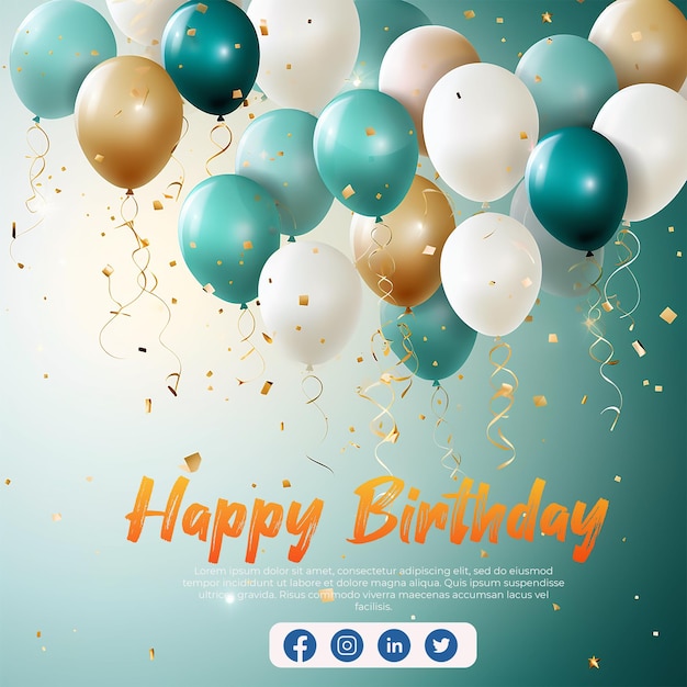 PSD diseño de cumpleaños feliz para tarjetas de felicitación y cartel con confeti de globos de pastel y caja de regalos