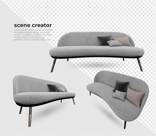 Diseño de decoración de sofá y almohada de creador de escena.