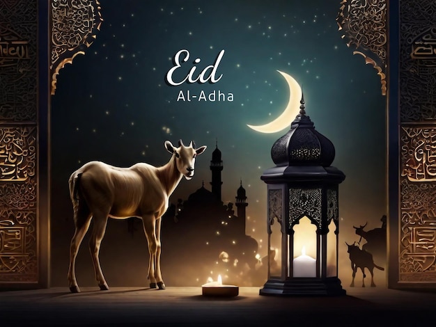 PSD diseño de deseos de eid al adha con lámpara y arte de mezquita de camello