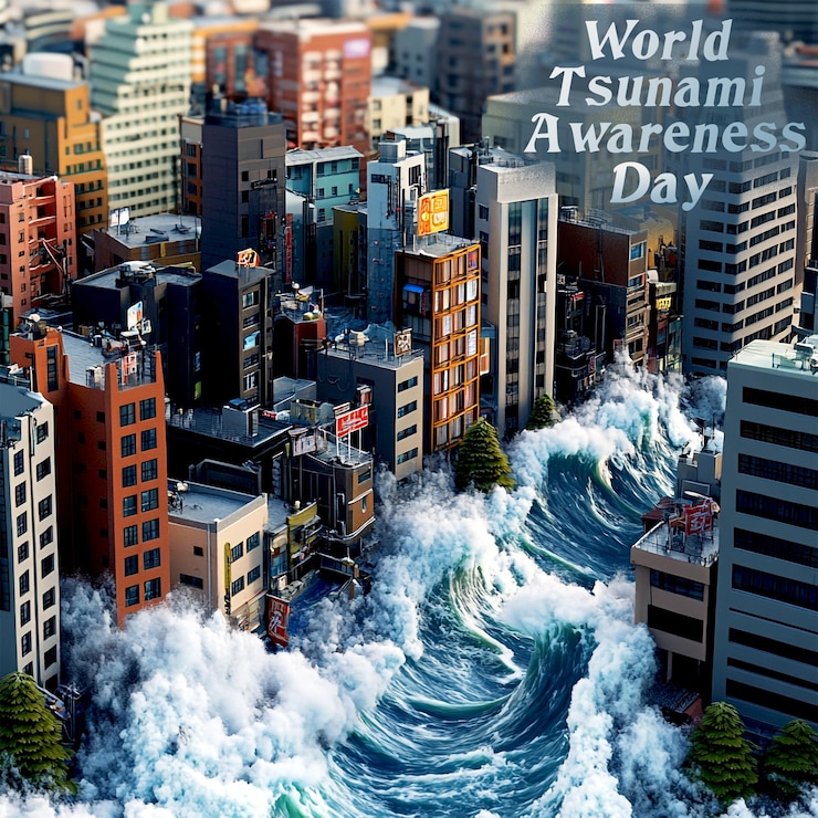PSD diseño del día mundial de concienciación sobre los tsunamis con las olas del océano que chocan contra la ciudad
