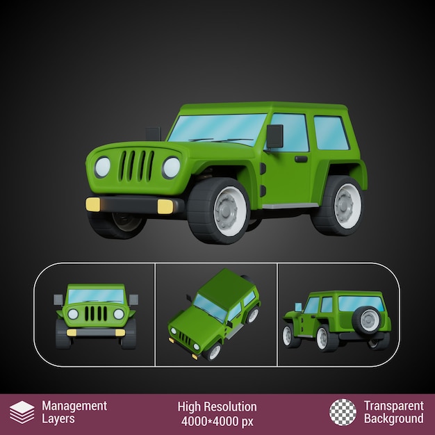 Diseño de dibujos animados de automóviles todoterreno renderizados en 3D de fondo transparente colorido y lindo único