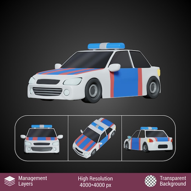 Diseño de dibujos animados de coches de policía renderizados en 3d de fondo transparente colorido y lindo único