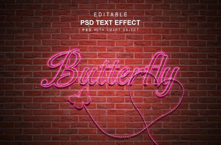 PSD diseño de efecto de estilo de texto de mariposa de neón