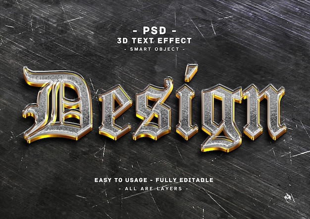 PSD diseño de efecto de texto dorado de vidrio estilo de brillo plateado 3d