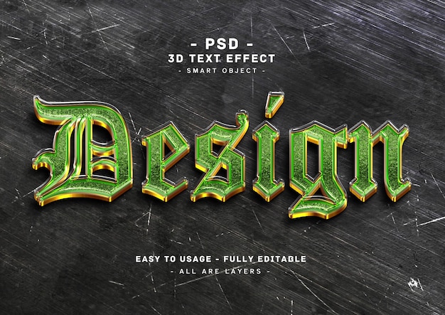 PSD diseño de efecto de texto dorado de vidrio estilo de brillo verde 3d