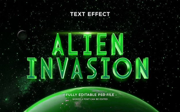 PSD diseño de efecto de texto de invasión alienígena.