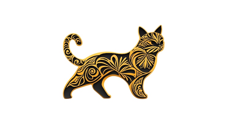 PSD diseño elegante y adornado de gato dorado en fondo transparente