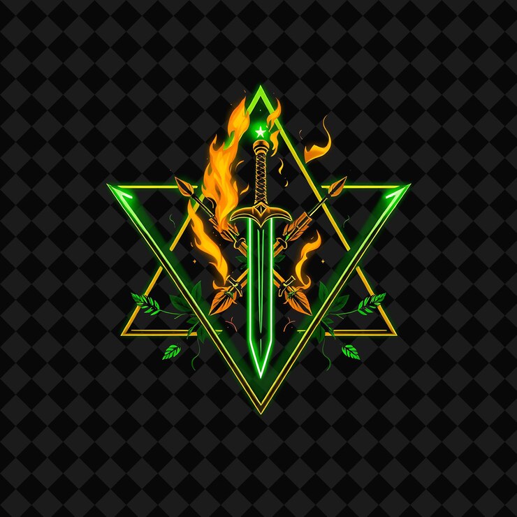 PSD un diseño de una espada en un triángulo con un fondo verde
