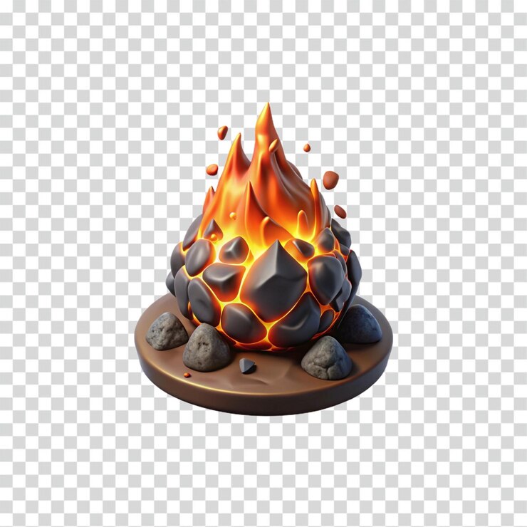 PSD diseño estilizado de fuego de campamento 3d rocas ember y llama