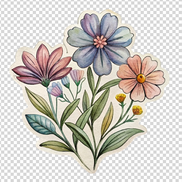 PSD diseño de etiquetas de flores mínimas dibujadas a mano fondo transparente aislado