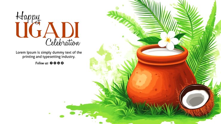 PSD diseño festivo de ugadi con pongal y símbolos tradicionales