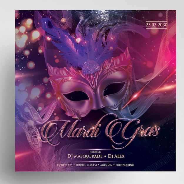 Diseño de fiesta de volante de evento de Mardi Gras