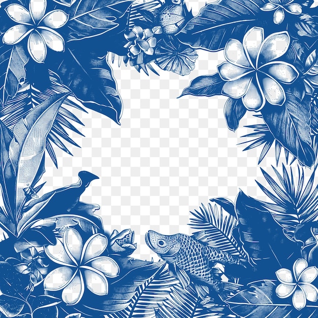 PSD un diseño floral azul y blanco con un lagarto y flores