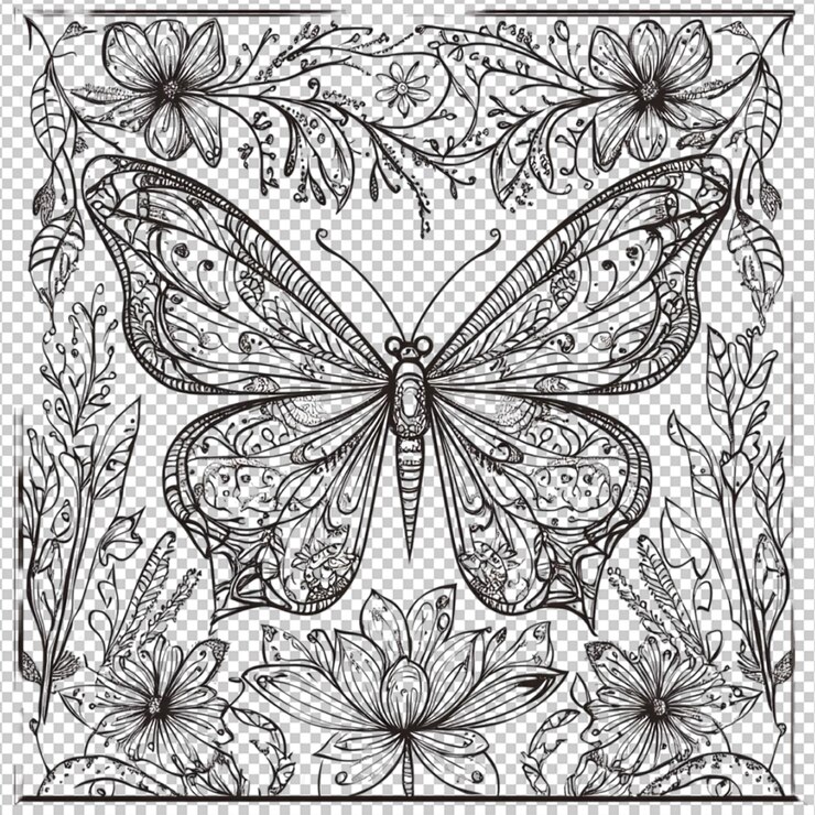 PSD diseño floral de mariposa intrincada arte de dibujo de tinta negra línea gráfica alas estilo de impresión del marco de la imagen