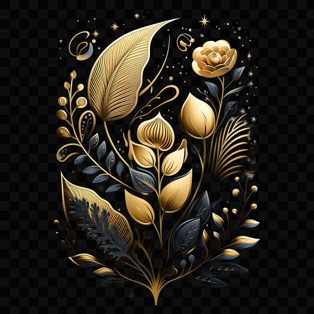 Un diseño floral negro y dorado con una flor de oro y hojas de oro