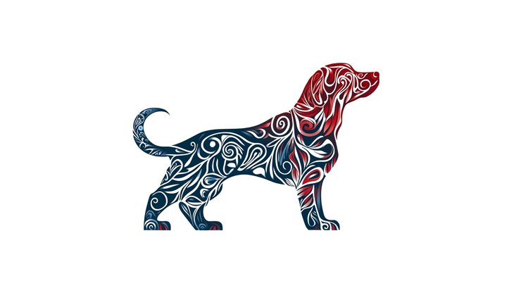 PSD diseño floral rojo y azul de silueta de perro adornado