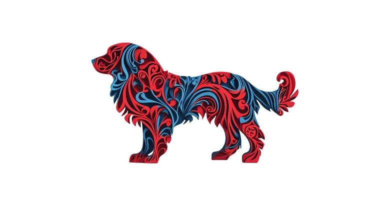 PSD diseño floral rojo y azul de silueta de perro adornado