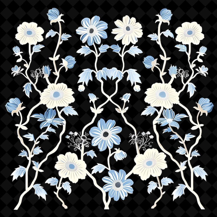 PSD un diseño de flores con flores azules y blancas sobre un fondo negro