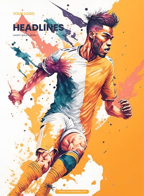 Diseño de folleto con ilustración abstracta de un jugador de fútbol