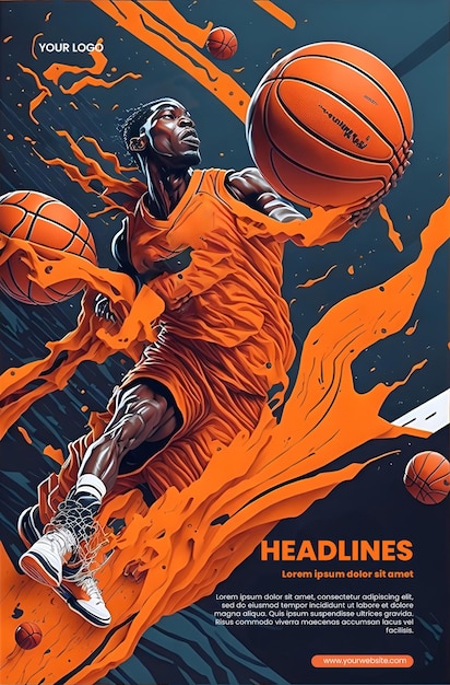 PSD diseño de folleto con ilustración de baloncesto