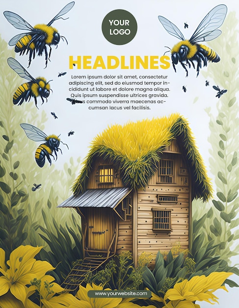 PSD diseño de folleto con ilustración de una casa de abejas