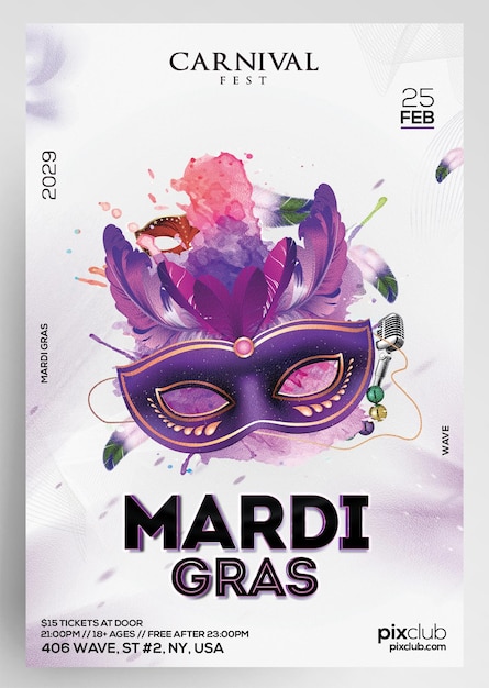 PSD diseño de folletos para el carnaval fest mardi gras event party