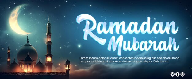 Diseño de fondo de banner de Ramadan Mubarak con luz de neón de PSD con texto editable para publicaciones en las redes sociales.