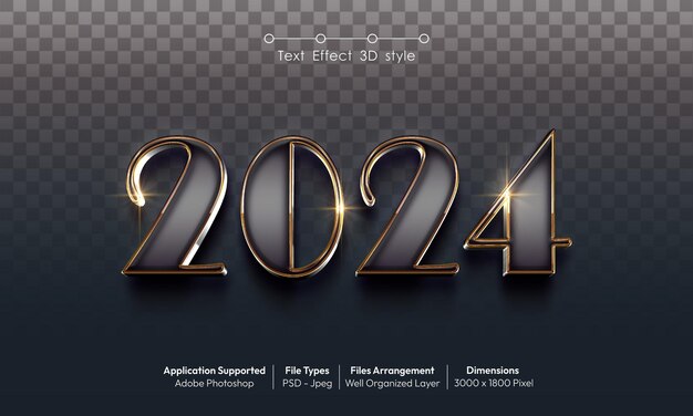 Diseño de fondo creativo de la víspera de Año Nuevo 2024 con estilo de fuente de efecto de texto 3D 26