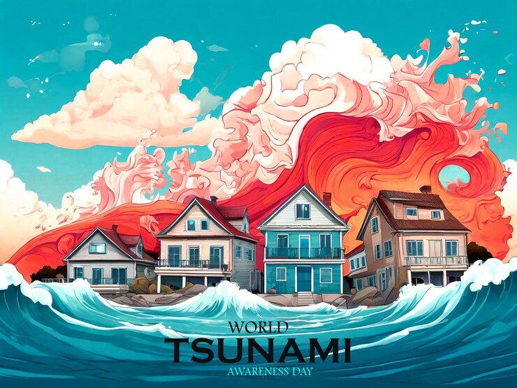 PSD diseño de fondo del día mundial de concienciación sobre los tsunamis olas que golpean casas y paisajes de edificios