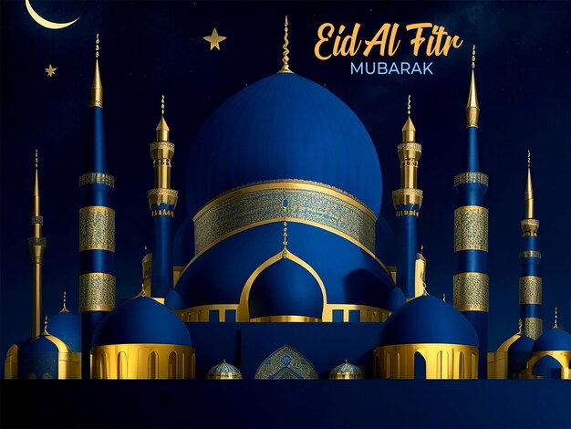 PSD diseño de fondo de eid al fitr mubarak con mezquita en fondo azul