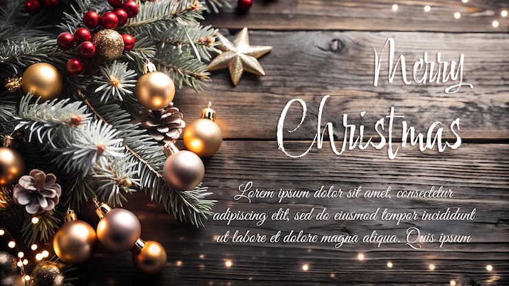 PSD diseño de fondo de feliz navidad texto de saludos de feliz navidad con decoración realista