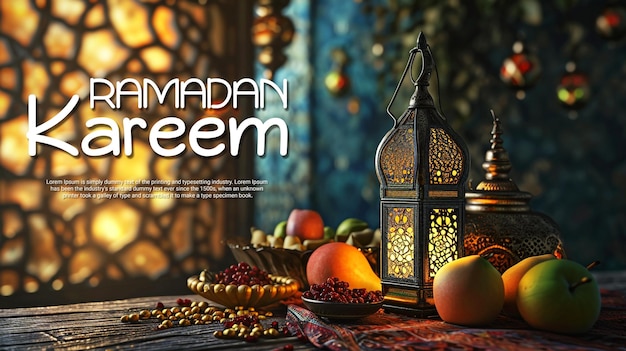 PSD diseño de fondo ramadan kareem con decoración islámica y frutas