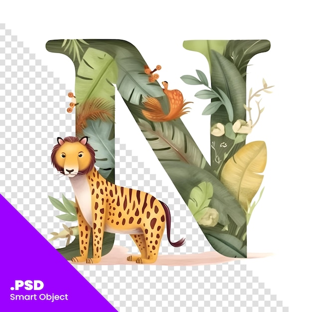 PSD diseño de fuente para letra mayúscula n con linda plantilla psd de ilustración de leopardo y hojas tropicales
