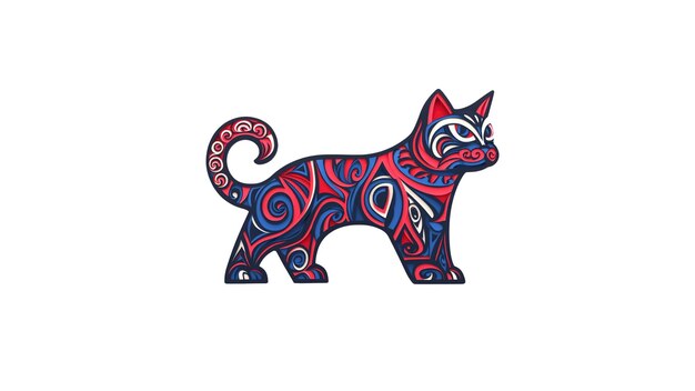 Diseño de gato rojo, azul y blanco adornado