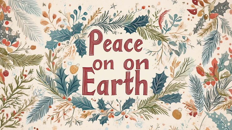 PSD diseño gráfico festivo de navidad con la frase paz en la tierra enmarcada por el follaje de invierno