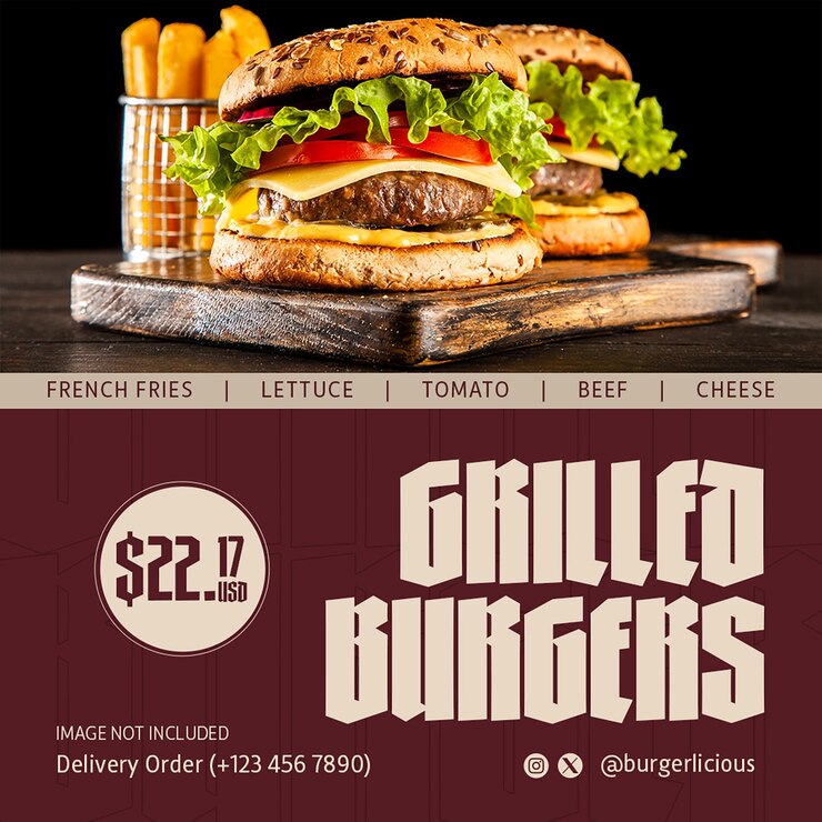 PSD diseño de hamburguesas a la parrilla deliciosas para redes sociales e instagram