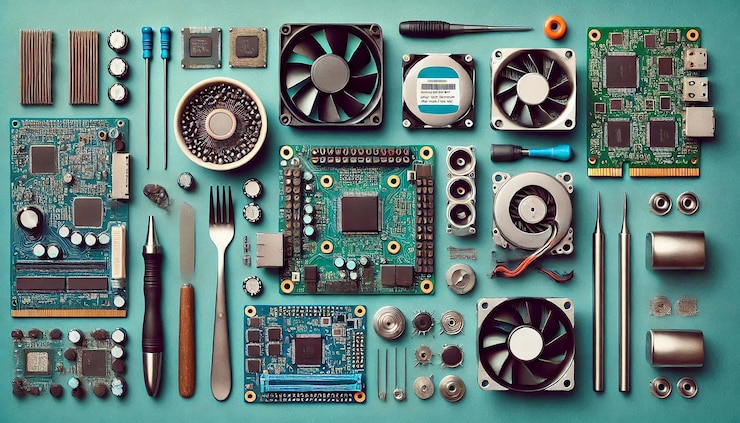 PSD diseño de hardware tecnológico en fondo azul