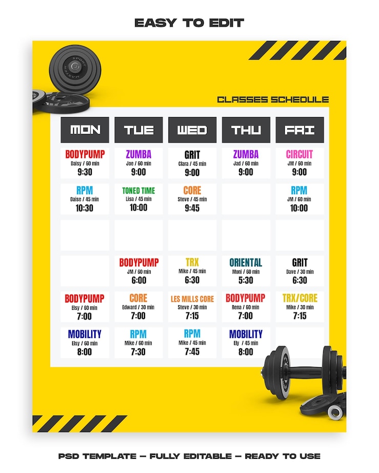 PSD diseño de historia y publicación de instagram de redes sociales de fitness y gimnasio de psd horario de calendario para clases